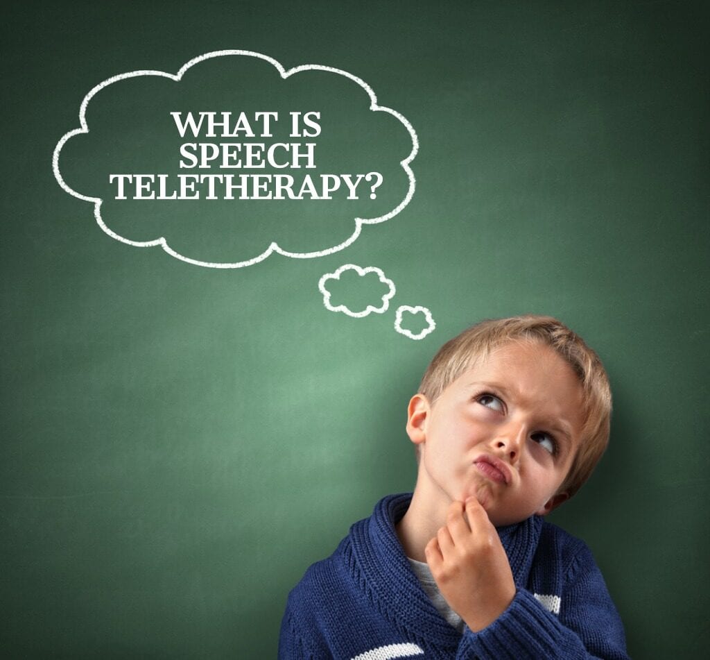 Cute little boy thinks a thought bubble saying What is Speech Therapy?