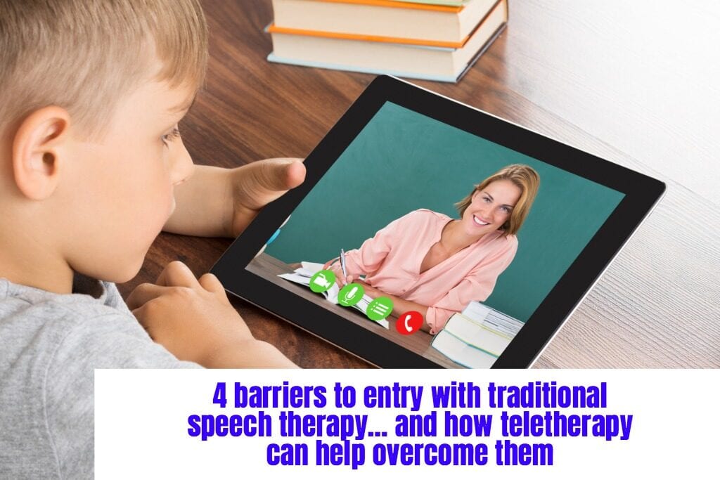 Little blond boy is engaged with his teletherapist via an ipad tablet with 4 barriers to entry with traditional speech therapy... and how teletherapy can help overcome them