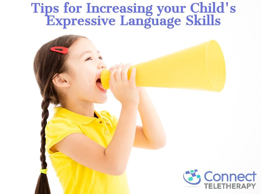 Tips for Increasing your Child's Expressive Language Skills with Little girls wearing a yellow shirt and braids and a red barrette and callins through a yellow megaphone